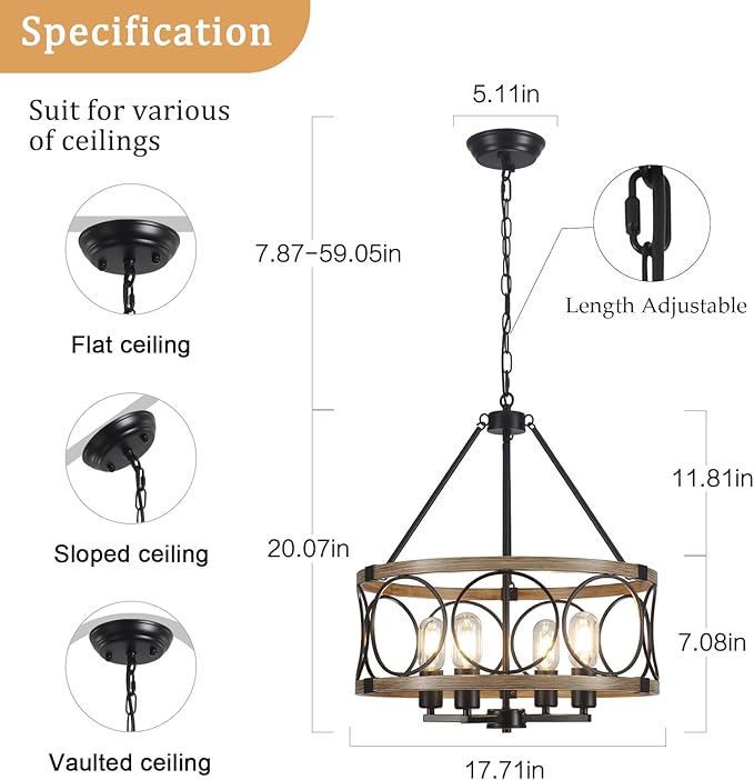 4-Light Farmhouse Chandelier, Rustic Faux Wood Chandeliers Dining Room Light Fixture, Round Pendant Light, Hanging Kitchen Island Light for Living Room, Entryway, Foyer-Black & Wood Grain