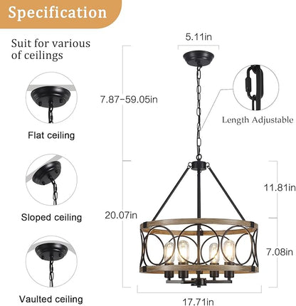 4-Light Farmhouse Chandelier, Rustic Faux Wood Chandeliers Dining Room Light Fixture, Round Pendant Light, Hanging Kitchen Island Light for Living Room, Entryway, Foyer-Black & Wood Grain