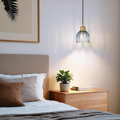 TALOYA Pendant Light with Blue Tulip Glass Lampshade, Brass Vintage Pendant Light Adjustable Hanging Light for Kitchen Island Bedroom Dining Room Hallway& Bar