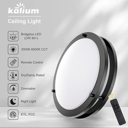 Kalium LED Ceiling Light with Remote 14 Inch Flush Mount Ceiling Light Fixture, 24W 3000K-6000K Adjustable Color Temperature, Dimmable Lighting Fixtures for Kitchen Bedroom Hardwired Installation