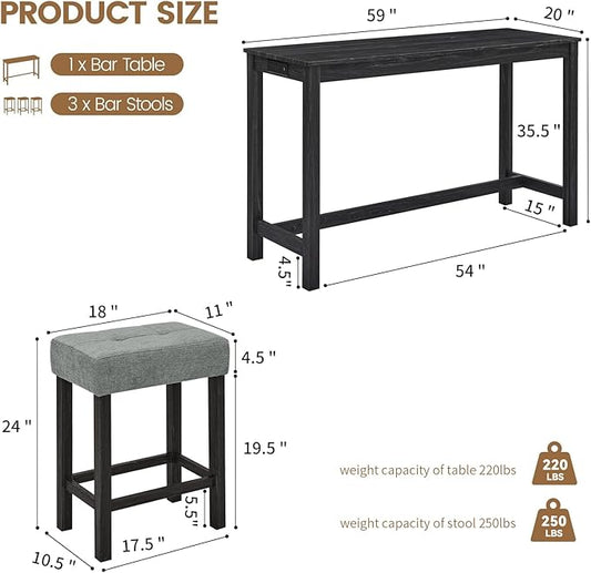 HMFULE 59'' Bar Table and Chairs Set with Power Outlet, Industrial Breakfast Table Set with 3 Padded Stools, Solid Wood Console Table Set for Living Dining Room, Black