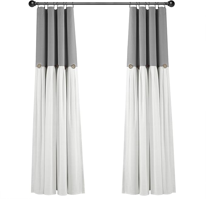 Lush Decor Linen Button Window Curtain Panel, Single, 40" W x 84" L, Dark Gray & White - Country Curtains - Rustic Decor - Color Block Modern Farmhouse Curtains For Living Room, Bedroom & Dining Room
