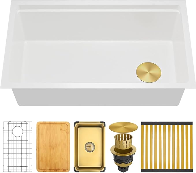 White Undermount Kitchen Sink 33 X 18 inch,Granite Composite Kitchen Sink Offset Drain,Undermount/Drop In Kitchen Sinks with Workstation,Large Single Basin (White, 33" X 18")