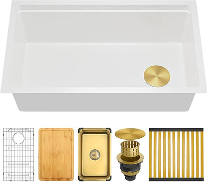 White Undermount Kitchen Sink 33 X 18 inch,Granite Composite Kitchen Sink Offset Drain,Undermount/Drop In Kitchen Sinks with Workstation,Large Single Basin (White, 33" X 18")
