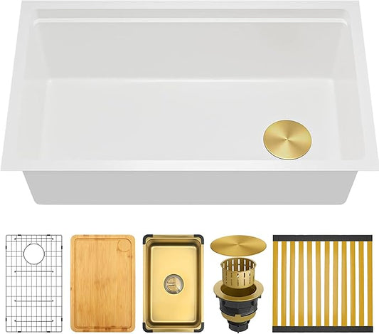White Undermount Kitchen Sink 33 X 18 inch,Granite Composite Kitchen Sink Offset Drain,Undermount/Drop In Kitchen Sinks with Workstation,Large Single Basin (White, 33" X 18")