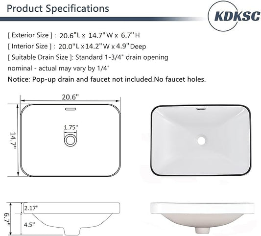 Bathroom Vessel Sink 20.6'' x 14.7'' Semi Recessed Bathroom Sink Rectangular Drop In Sink with Overflow White with Black Trim Ceramic Modern Vessel Sinks for Bathroom