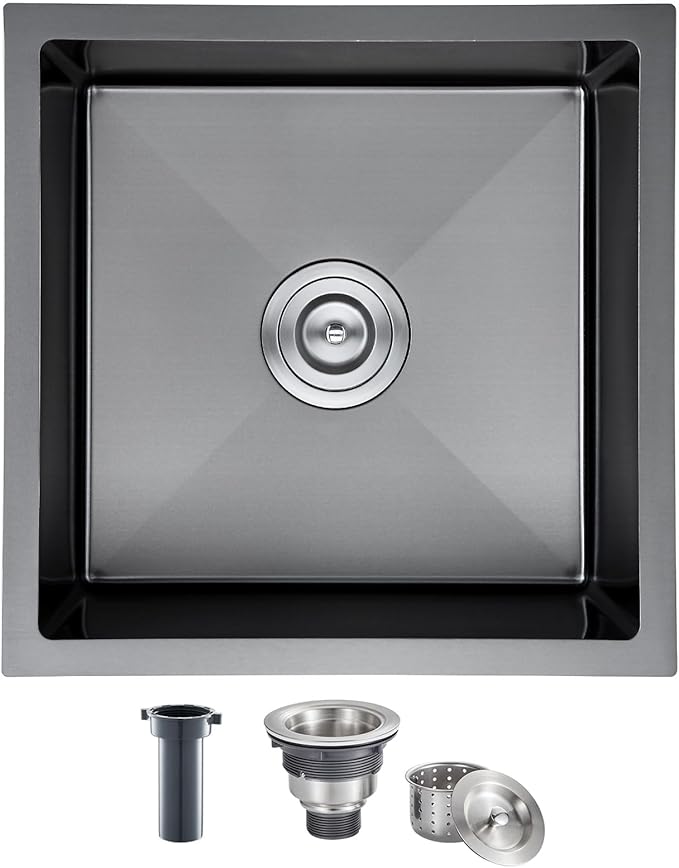 MENATT 18-inch Undermount Kitchen Sink Black, 18 Gauge Stainless Steel Single Bowl Undermount Small Bar Sink Kitchen Sinks,D18" x W18" x H9"