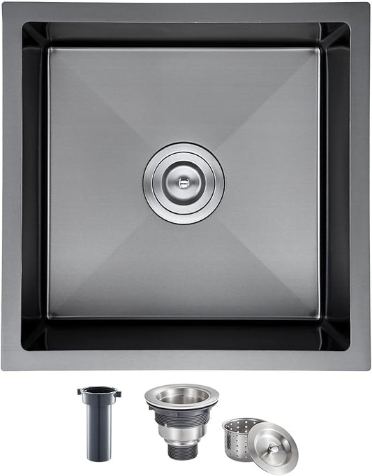 MENATT 18-inch Undermount Kitchen Sink Black, 18 Gauge Stainless Steel Single Bowl Undermount Small Bar Sink Kitchen Sinks,D18" x W18" x H9"