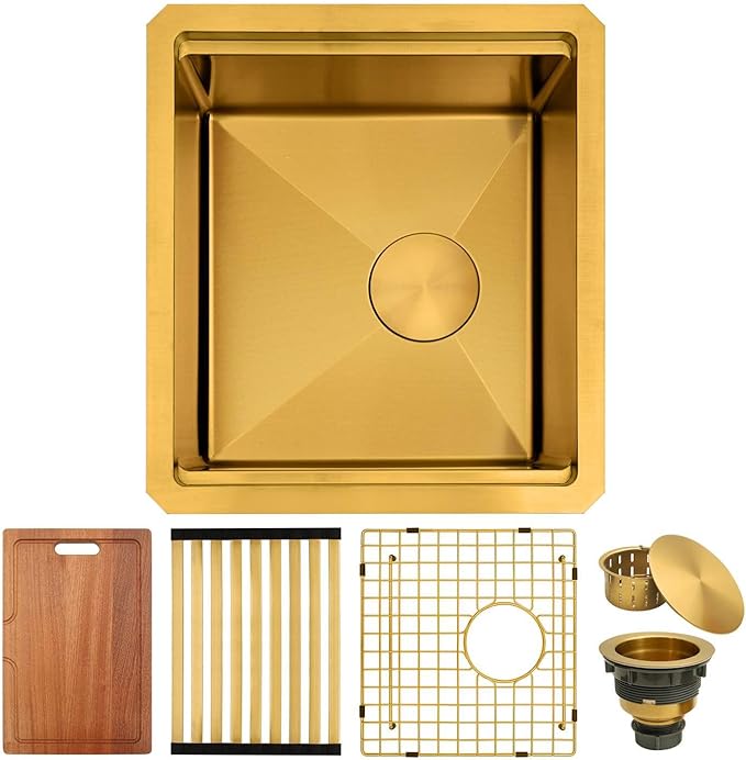 Gold Bar Sink Undermount,Small Bar & Prep Sinks,16 gauge Stainless Steel Bar Sink with Workstation for Wet Bar Area,Special Offset Drain Design (16" X 18")