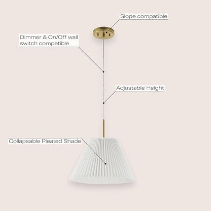 JONATHAN Y 14.25" Brass Gold 1-Light Iron Pendant Light, Classic French Country with White Pleated Shade, Adjustable Height Vintage Shabby Chic Style, LED Bulb Included JYL2407A