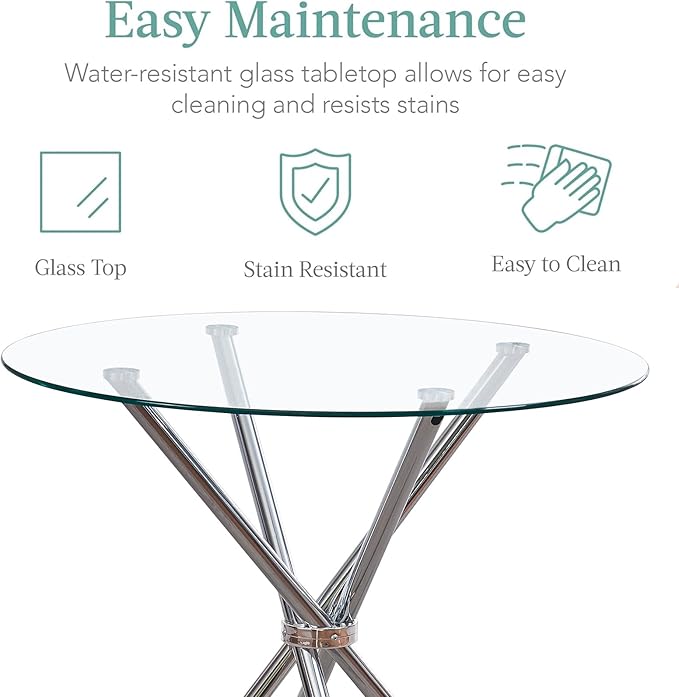 Round Glass Dining Table,Clear Kitchen Table with Tempered Glass Tabletop and Tripod Chrome Legs,Round Glass Table for Restaurant/Dining Room 35.43" D x 35.43" W x 29.5" H (Silver- 4 Legs)