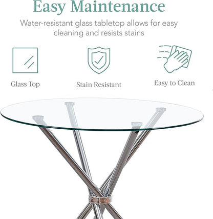 Round Glass Dining Table,Clear Kitchen Table with Tempered Glass Tabletop and Tripod Chrome Legs,Round Glass Table for Restaurant/Dining Room 35.43" D x 35.43" W x 29.5" H (Silver- 4 Legs)