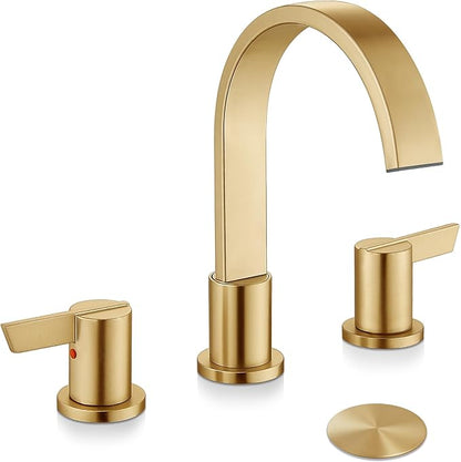 Midanya 8 inch Widespread Bathroom Sink Faucet,Modern Waterfall 3 Hole 2 Handles Bathroom Faucet 8" Vanity Faucets with Pop Up Drain and Water Supply Lines,Gold