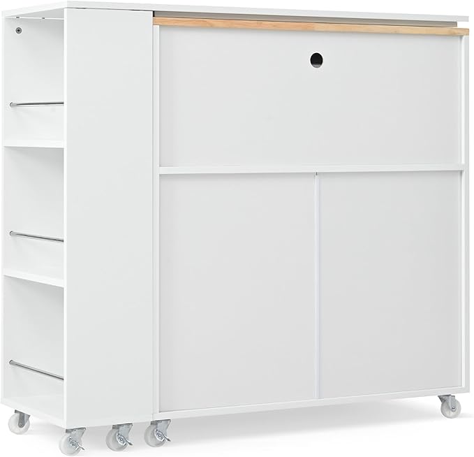 Rolling Kitchen Island with Extended Table and Power Outlets 2 Fluted Glass Doors Storage Compartment 3 Side Open Shelves Practical(White)
