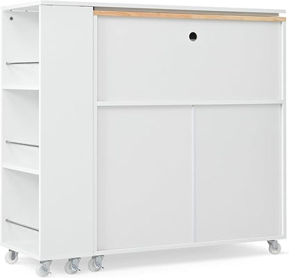 Rolling Kitchen Island with Extended Table and Power Outlets 2 Fluted Glass Doors Storage Compartment 3 Side Open Shelves Practical(White)