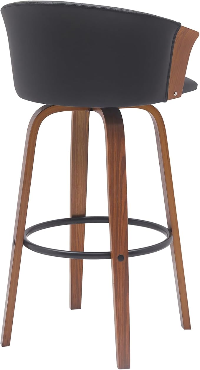 Armen Living Diana 30" Seat Height Mid Century Modern Swivel Walnut Wood Bar Stool for Kitchen Island Counter in Black Faux Leather