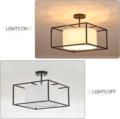 VILUXY Modern Semi Flush Mount Ceiling Light 16" Black and White Fabric Ceiling Chandelier Drum Farmhouse Round Ceiling Lamps Fixture Square Metal for Entryway Dining Room Bedroom