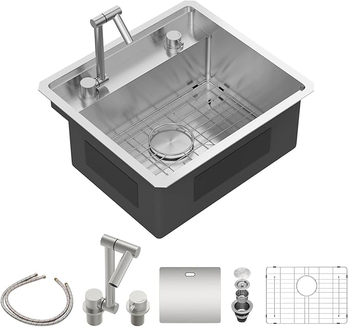 Sarlai Outdoor Sink, 21x19 Inch Undermount Kitchen Sink Workstation with Foldable Faucet Bar Prep Single Bowl 16 Gauge Stainless Steel Sinks with Cover,BBQ Sinks Outside with Cover