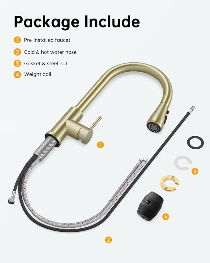Hiqufet Brushed Gold Kitchen Faucet with Pull Down Sprayer, High Arc Faucet, Stainless Steel Modern RV Bar Sink Faucets for Pot Filler, Farmhouse Camper Bar Laundry, RV Bathroom
