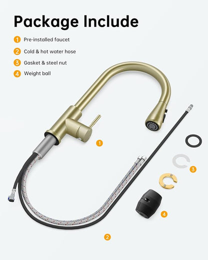 Hiqufet Brushed Gold Kitchen Faucet with Pull Down Sprayer, High Arc Faucet, Stainless Steel Modern RV Bar Sink Faucets for Pot Filler, Farmhouse Camper Bar Laundry, RV Bathroom