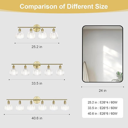 Vintage Bathroom Light Fixtures,5-Light Hardwired Vanity Lights with Clear Tulip Glass Shade,Gold Bathroom Vanity Light for Mirror Restroom,E26 Socket,33.46 in(Bulbs Not Included)