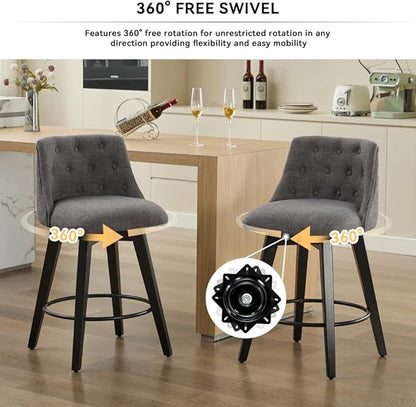 Swivel Counter Chairs, Modern Linen Fabric with Button-Tufted Backrest, Stylish Bar Stools, Set of 2 for Bar, Kitchen Island, Dining Room, White (Dark Gray + Linen + Foam)