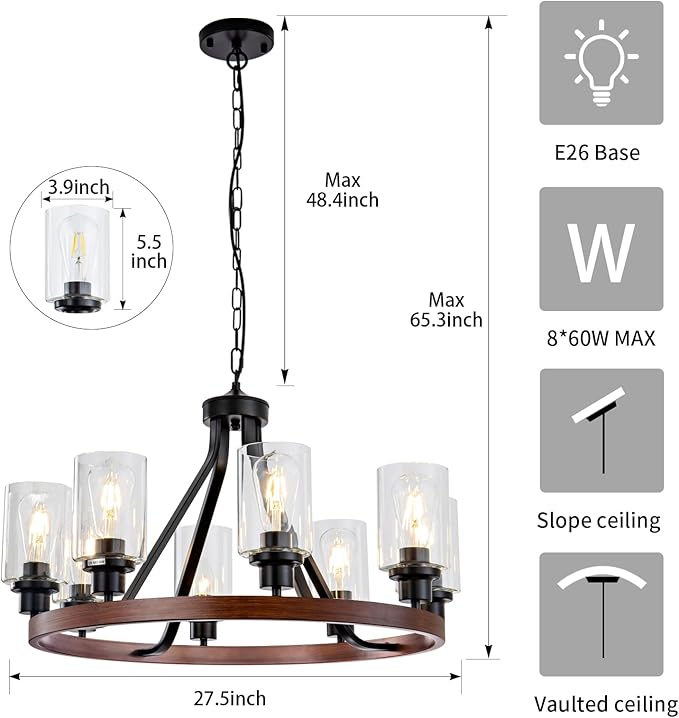 Lanhall 8-Light Farmhose Chandelier for Dining Room Light Fixture Faux Wood Kitchen Pendant Light Round Rustic Ceiling Hanging Lighting with Glass Globes Adjustable Height Metal E26