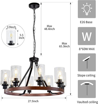 Lanhall 8-Light Farmhose Chandelier for Dining Room Light Fixture Faux Wood Kitchen Pendant Light Round Rustic Ceiling Hanging Lighting with Glass Globes Adjustable Height Metal E26