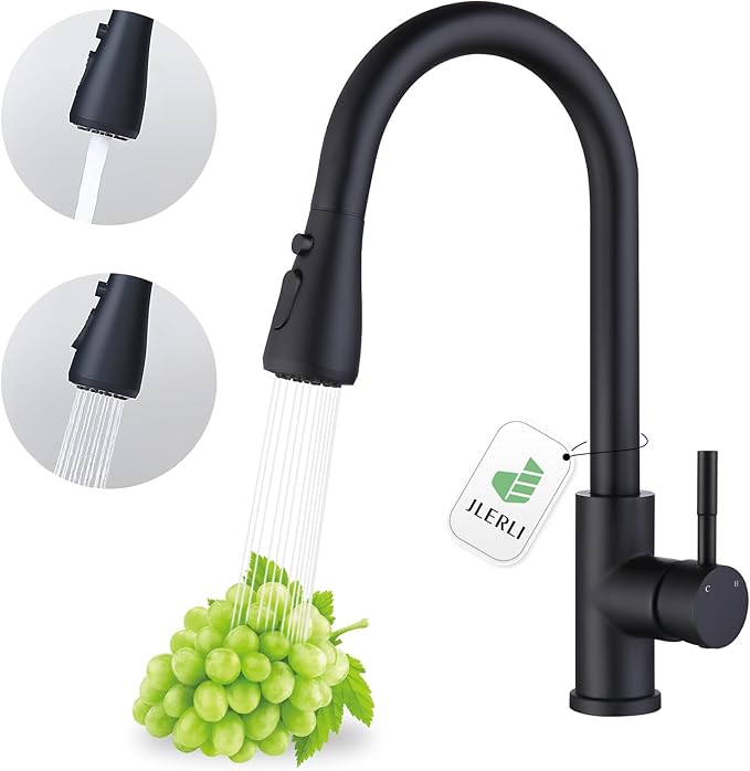 Kitchen Faucet with Pull Down Sprayer, Matte Black High Arc Single Handle Bar Sink Faucet, Stainless Steel, 3 Mode, Grifos para Fregaderos de Cocina