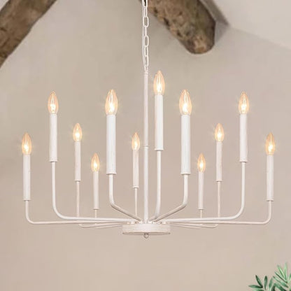 French Country Chandelier, 12-Light White Farmhouse Chandeliers for Dining Room, Classic Candle Ceiling Pendant Light Fixture for Living Room, Foyer, Kitchen Island, Bedroom, Entryway
