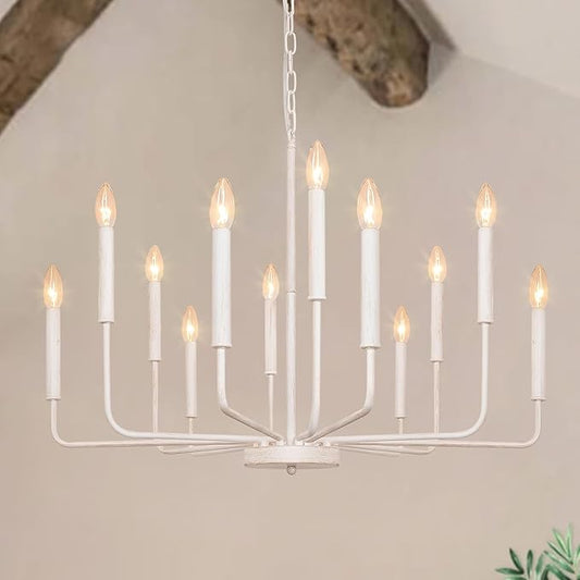 French Country Chandelier, 12-Light White Farmhouse Chandeliers for Dining Room, Classic Candle Ceiling Pendant Light Fixture for Living Room, Foyer, Kitchen Island, Bedroom, Entryway