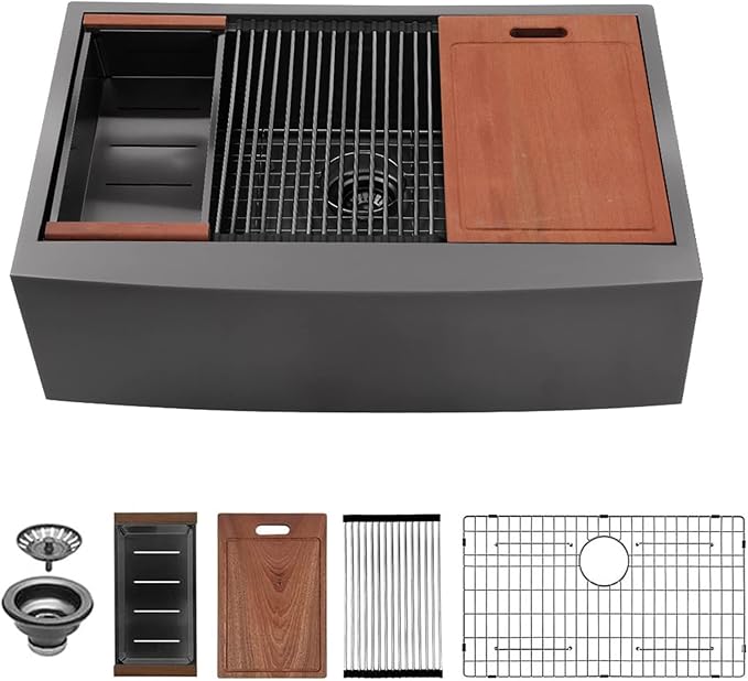 Sarlai 33 Farmhouse Sink Black Stainless Steel - 33 Inch Apron Front Kitchen Sink Ledge Workstation Gunmetal Black 16 Gauge Stainless Steel Deep Single Bowl Farm Sinks