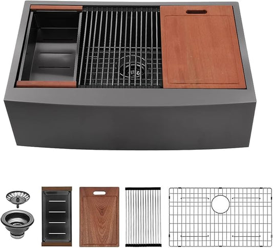 Sarlai 33 Farmhouse Sink Black Stainless Steel - 33 Inch Apron Front Kitchen Sink Ledge Workstation Gunmetal Black 16 Gauge Stainless Steel Deep Single Bowl Farm Sinks