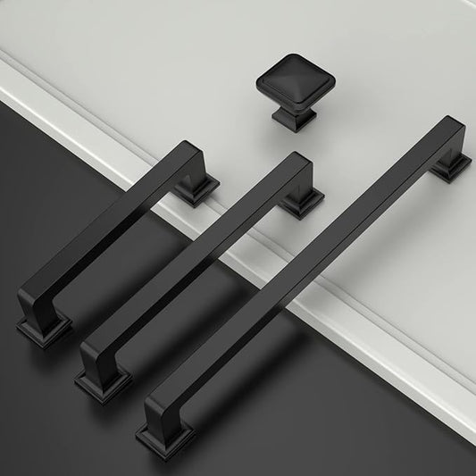 Amerdeco 10 Pack Matte Black Square Kitchen Cabinet Knobs Cabinet Hardware Single Hole Cabinet Pulls Drawer Knobs and Pulls for Bathroom Cabinets ZH0019