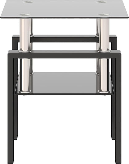 Glass End Table, Glass Side Table with Tempered Glass Top & Metal Legs, Living Room Table Modern Tea Table Side Tables 2-Layer for Living Room Bedroom