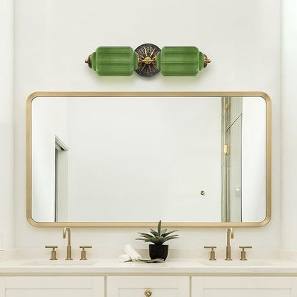 Vintage Bathroom Vanity Light - 2-Light Milk Glass Sconce with Antique Brass Finish & Green Shade, Wall Sconce Lighting for Bathroom Mirror, Hallway, Living Room, Bedroom