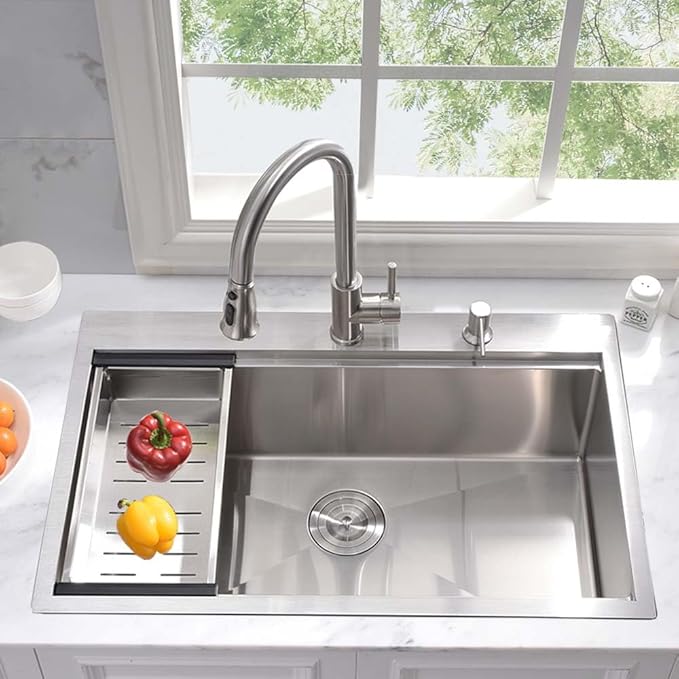 31 Inch Drop In Kitchen Sink Workstation- Wesliv 31x20 Stainless Steel Kitchen Sink Single Bowl Top Mount Workstation 16 Gauge Handmade Overmount Sinks with Cutting Board