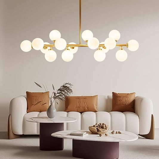 Mid Century Modern Chandelier Brass Gold Pendant Lighting Fixture Linear Chandeliers for Kitchen Island, Dining Room 16-Light
