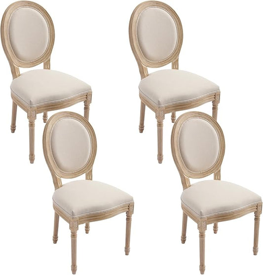 French Country Dining Chairs Set of 4, Upholstered Rattan Dining Chair with Round Backrest, Farmhouse Vintage Dining Chairs for Living Room, Kitchen, Restaurant (Beige-Padded, Set of 4)
