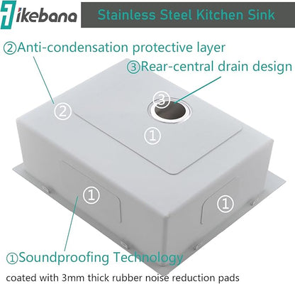 IKEBANA 25x22 Inch Brushed Nickel Kitchen Sink Drop in, 16 Gauge Stainless Steel Wet Bar Sink Topmount Single Bowl Small Kitchen Sinks, Outdoor RV Prep Sinks With Dish Grid& Drain