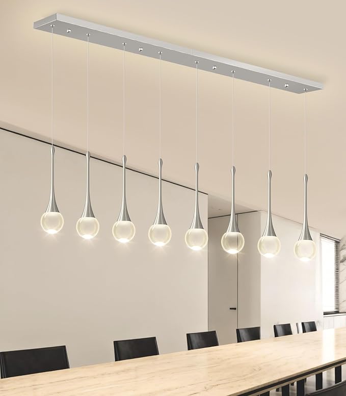 Rectangular Crystal Pendant Lights for Kitchen Island 8 Light Dimmable Crystal Chandelier Lighting Fixtures with Remote for Dining Room Living Room Silver