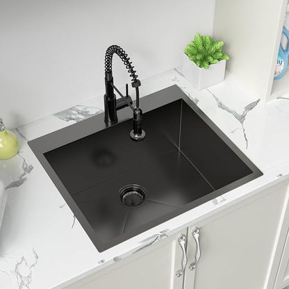 Sarlai Laundry Sink with Faucet Drop In 25"x22"x12" Deep Black Laundry Utility Kitchen Sink Drop-in Topmount Single Bowl Sink 16 Gauge Stainless Steel Gunmetal Black Kitchen Laundry Room Sinks