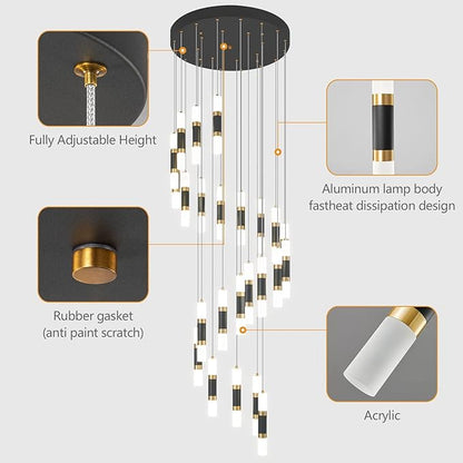 24-Light Modern Kitchen Island Dimmable LED Modern Black Gold Ceiling Pendant Light Living Room Bedroom Foyer LED 144W Stairs Large Chandelier