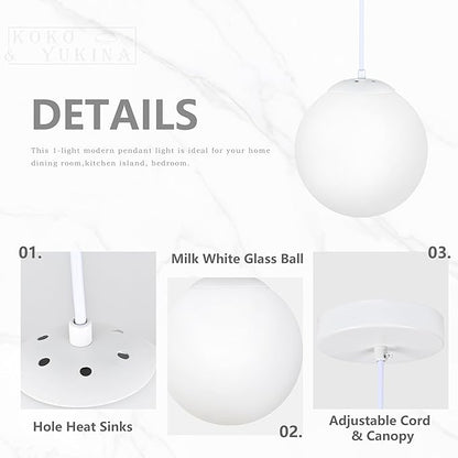 KoKo&Yukina 10 Inch Pendant Light White Globe Pendant Lights Kitchen Island Mid Century Light Fixture Adjustable Globe Pendants Lights with Milky White Glass Shade for Dining Room Living Room