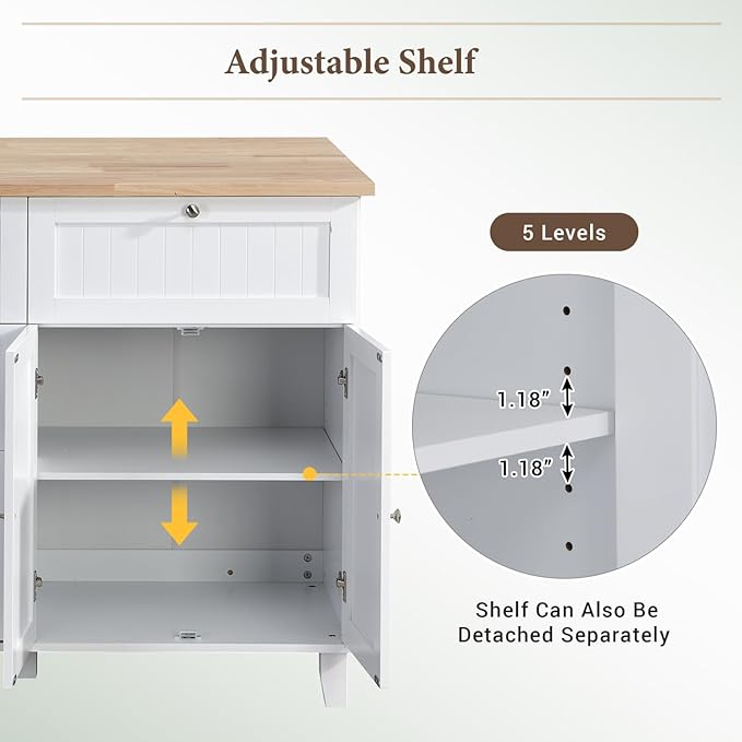 Farmhouse Kitchen Island Set with Drop Leaf and 2 Seatings Solid Wood White Design Dining Room, Versatile