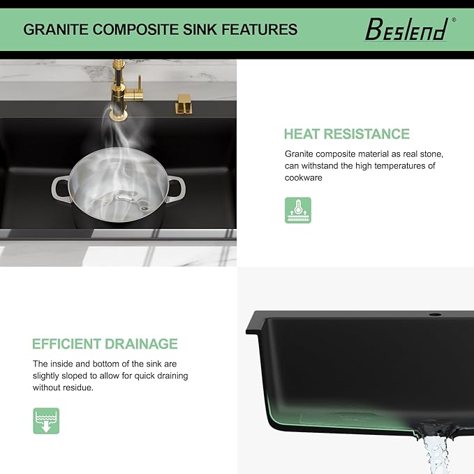 33 Granite Composite Kitchen Sink - Beslend 33x22 Inch Drop In Granite Kitchen Sink Topmount Black Quartz Sinks Classic Above Counter Single Bowl Basin