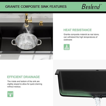 33 Granite Composite Kitchen Sink - Beslend 33x22 Inch Drop In Granite Kitchen Sink Topmount Black Quartz Sinks Classic Above Counter Single Bowl Basin