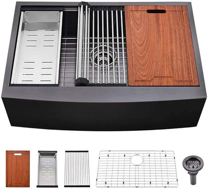 33 Inch Black Stainless Steel Farmhouse Sink Workstation-Bokaiya 33x22 Inch Apron Front Farmhouse Kitchen Sink 16 Gauge 10" Deep Single Bowl Farm Sink with Cutting Board