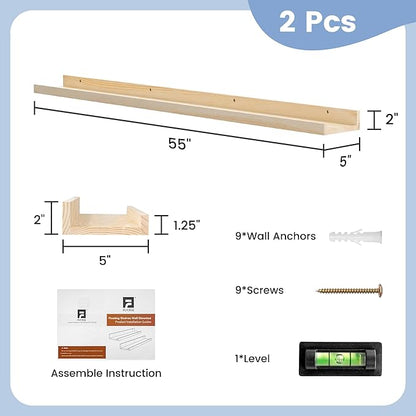 FLYJOE Picture Ledge Shelf, Floating Shelves Set of 2, Solid Ash Wood 56'' Long Large Nursery Book Shelves for Toys Storage, Kids Bookshelf for Living Room Bedroom Decor Books Photo Frames, Natural