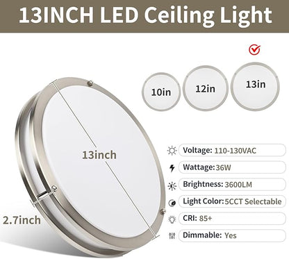 13Inch 36W Ceiling Light Fixture, 5CCT Flush Mount Ceiling Mount Light 2700K 3000K 4000K 5000K 6500K Adjustable, Dimmable Close to Ceiling Light, LED Ceiling Light for Bathroom Kitchen Bedroom, Nickel